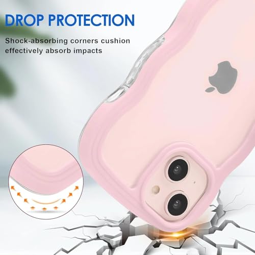 Image of GoldKart iPhone 13 /14 Case Wavy Edge Clear Back Design, Anti-Slip Grip Cute Wave Curly Frame Shape Shockproof Soft TPU & Hard PC Bumper Protective Phone Case Cover for Women Girls - Pink