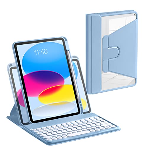 Laetass 360 Rotatable Keyboard Cover for iPad 10th Generation 10.9 inch 2022,Full Wrap Back Stand Shell Design with Magnetic Detachable Cute Round Keyboard and Built-in Capacitive Pen Slot.(Blue)