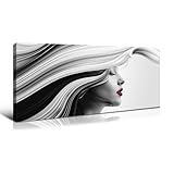 Wewejia - Black and White Canvas Wall Art, Girl Headshot Black and White Portrait Print Poster Canvas Print Art Black and White Stripe Art Bedroom Mural Living Room Office Wall Decor 32x16 Inch