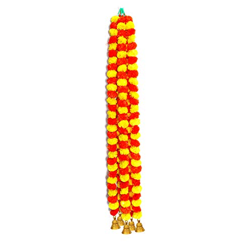 Image of iHandikart Handmade Decorative Marigold Artificial Fluffy Garland with Bell in The Bottom, Size 60x2.5 inches Used for Home /Office Decoration, Yellow, Dark Orange Colour (Pack of 5)