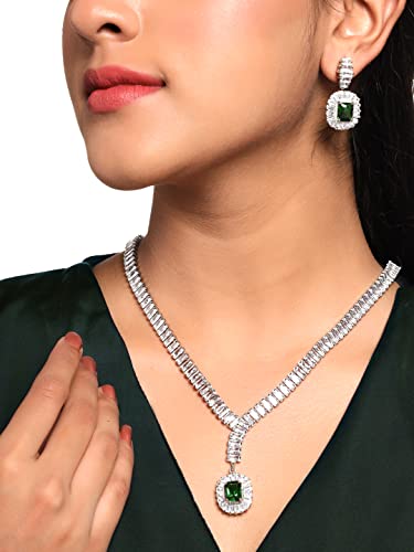 Image of Yellow Chimes Jewellery Set for Women Rhodium Plated Cubic Zircon Silver Necklace with Earring Set Floral Design Classic CZ Stoned Jewellery Set for Women and Girls