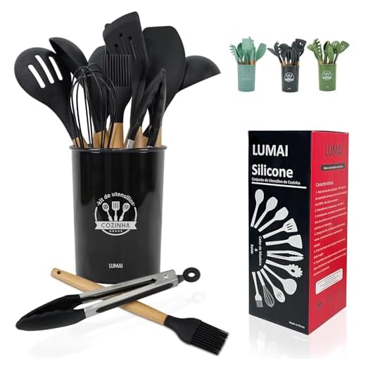 Kit 12 Utensílios De Cozinha Em Silicone E Cabo De Madeira LUMAI (Preto)
