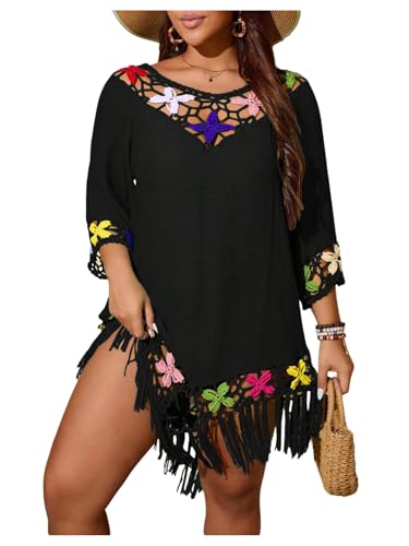 Verdusa Women's Plus Size Boho Hollow Out Floral Fringe Beach Cover Up Dress 3/4 Sleeve Tunic Dress