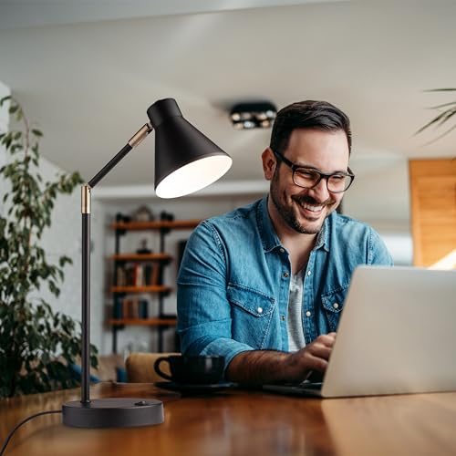 LED Desk Lamp with Dual USB Charging Ports, Metal Construction, Swivel Arms, Soft White Light - Black