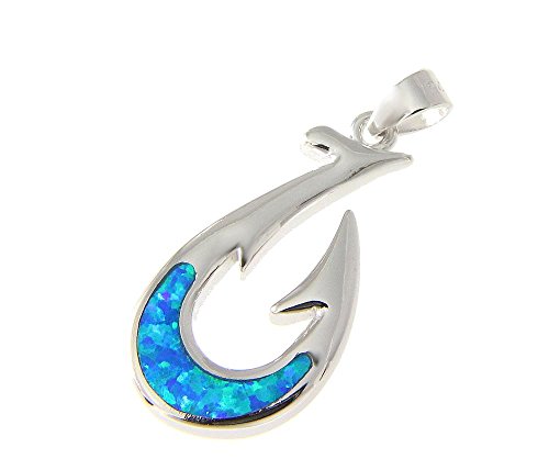 Arthur's Jewelry 925 Sterling Silver Hawaiian Blue Synthetic Opal Fish Hook Pendant Charm #TOP1