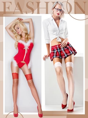 Image of Bencailor 4 Pairs Fishnet Thigh High Stocking for Women Silicone Lace Top Sheer Over Knee High Silky Stockings