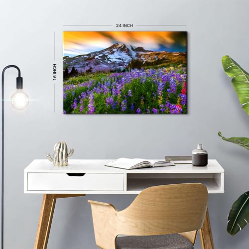 Image of Nature Flowers Landscape Wall Art Mountain Canvas Artwork Purple Floral Picture Wall Decor, Modern Wilderness Scenic Framed Painting for Living Room Bedroom Bathroom Office Home Decoration 16x24 inch