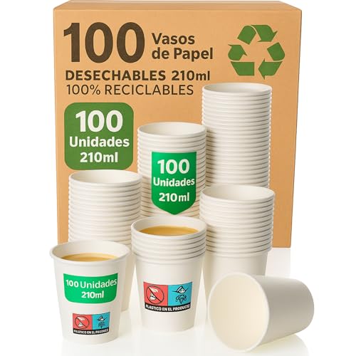 IAMI 100 Vasos de Papel Desechables 210ml Blancos - Resistentes y a Prueba de Fugas - Vasos Desechables para Café, Té y Bebidas Frías - Sin Olores - Vasos Desechables