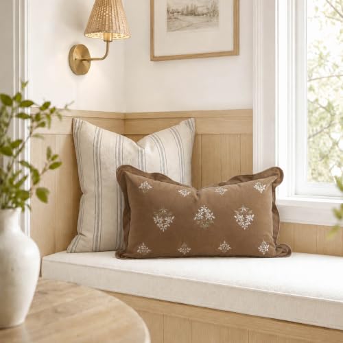BlissBlush Lumbar Pillow Cover 12x20, Brown Velvet Decorative Lumbar Pillow Cover, Floral Accent Cushion Cover with Embroidery and Scalloped Edge for Couch Sofa Bed, Cover ONLY - image 5