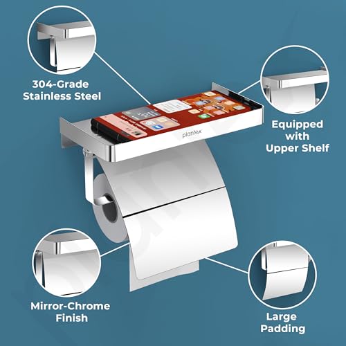 Image of Plantex Toilet Paper Holder for Bathroom /304 Grade Stainless Steel Tissue Paper Roll Holder with Mobile Holader /Bathroom Accessories - Pack of 1 (Chrome)