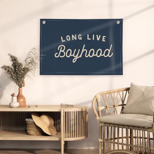 Image of Navy Blue Decor Long Live Boyhood Banner Boy Room Decor, Banner Flag Nursery Playroom Wall Decor for Boys Bedroom Living Room Dorm Toddler Decorations Teen Boy Kid Banner Wall Hanging Linen Flag 30x20