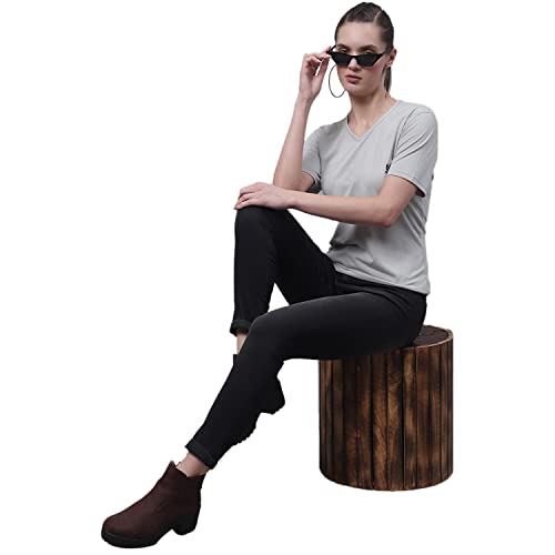 Image of Mack Jonney Women V Neck Cotton Solid Regular Fit T-Shirt-V Anthraa 001-P