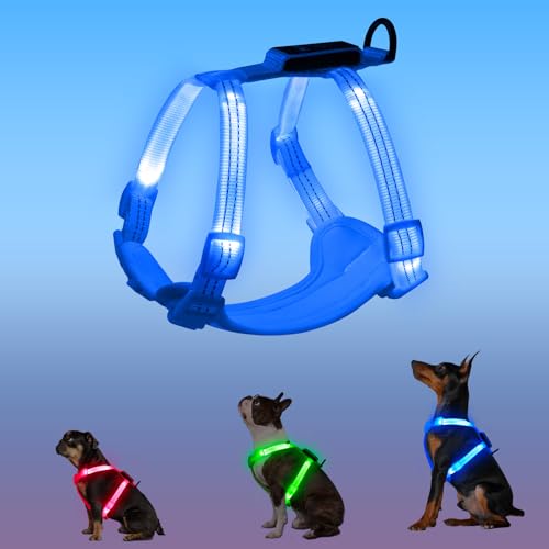 PZRLit Rechargeable Light Up Dog Harness for Small Dogs – Adjustable LED Dog Vest with Reflective Strips, No Pull Glow in The Dark Puppy Harness for Night Walking Safety-Blue