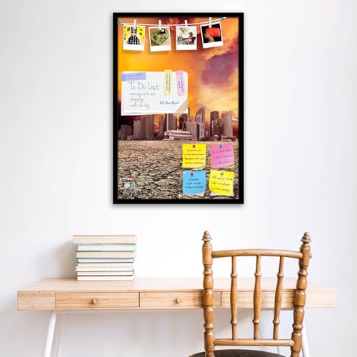 Image of ArtzFolio City Overlooking Desolate Desert | Bulletin Board Notice Pin Board | Vision Soft Board Combo with Thumb Push Pins & Sticky Notes | Black Frame | 12 x 18 inch (30 x 46 cms)