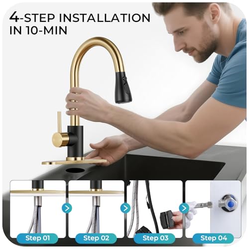 Image of Kitchen Faucet with Pull Down Sprayer - Black & Gold Single Handle Kitchen Faucets, High Arc Stainless Steel Pull Out Kitchen Sink Faucet with Deck for RV Laundry Farmhouse Bar