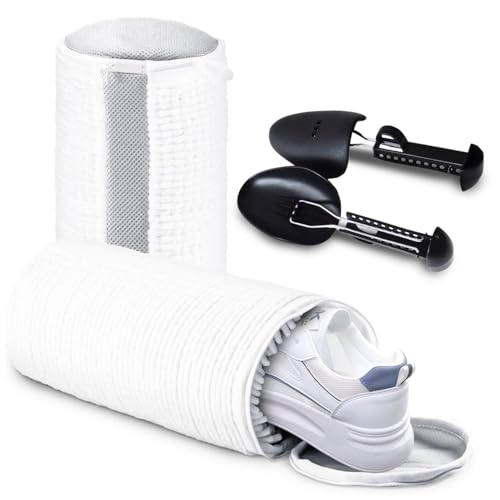 2Pcs Shoe Washing Machine Bag with 2 Adjustable Shoe Trees - Shoe Washing Bag w/Fluffy Fibers for 360° Cleaning - Trainer Washing Machine Bag, Shoe Laundry Bag w/Durable Hidden Zipper