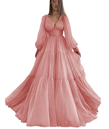 Long Chiffon Prom Dresses V Neck Puffy Sleeves A Line Ball Gown Formal Evening Gown for Women