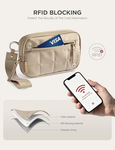 Image of Uselike Womens Wallet Card Holder Purse with Zipper Quilted Phone Wallet RFID Blocking Small Wristlet Wallets for Everyday, Travel (Light Khaki)