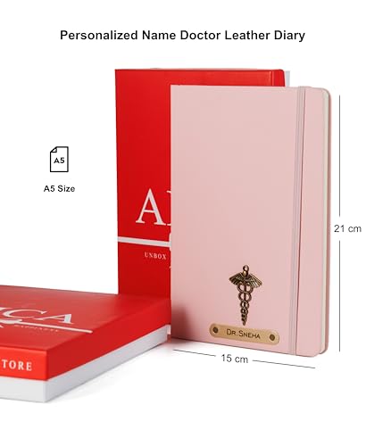 Image of AICA Personalized Name & Charm Doctor Leather Notebook Diary - A5 Size, 180 Ruled Pages (Baby Pink) | Customized Gift for Doctors Retirement Farewell Appraisal Birthday For Men Women Girls Boys