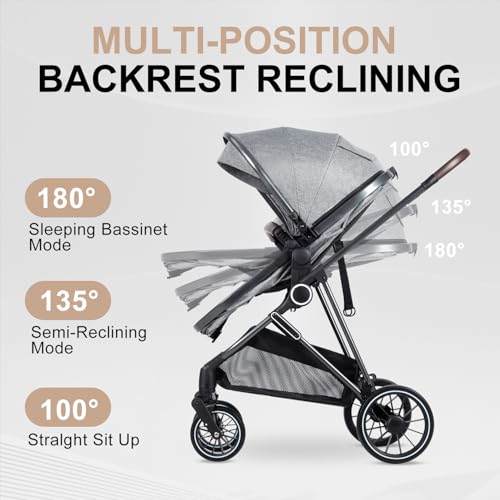 Image of 2-in-1 Baby Stroller with Bassinet Mode - Folding Infant Newborn Pram with Reversible Seat - for 0-36 Months Toddler Grey