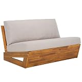 SAFAVIEH Outdoor - Lynn Loveseat Sofa - Natural & Light Grey - Solid Wood with Cushion - Modern Slatted Design - Ideal for Patio, Deck, Porch, Backyard (PAT7329B)