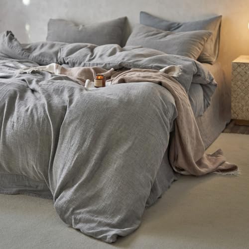 Image of EAVD Dark Grey Duvet Cover Full Soft Breathable 100% Muslin Cotton Gauze Bedding Set with 2 Pillowcases Modern Simple Solid Dark Grey Bedding Set with Zipper Closure