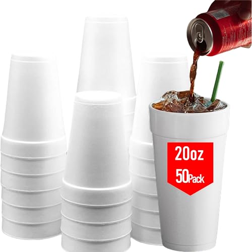 Mr Miracle 20 oz Styrofoam Cups Disposable Foam Cups (50 Pack) Insulated White Styrofoam Coffee Cups for Hot & Cold Drinks Comparable to Industry 20J16 Standard Foam Cups Made in USA