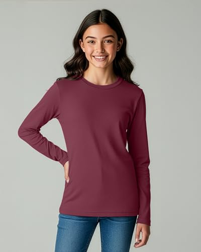 Image of Real Essentials 4 Pack: Girls' Cotton Long Sleeve Crew Neck T-Shirt - Athletic Tee Shirt for Teens Kids Youth (Ages 4-16)