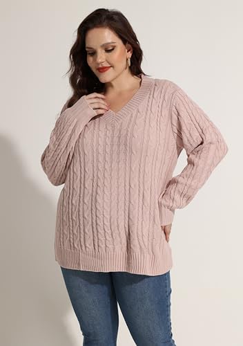 Image of CARCOS Plus Size Sweaters for Curvy Women Long Sleeve Cable V Neck Sweater Knit Pullover Preppy Style Fall Winter XL-5XL