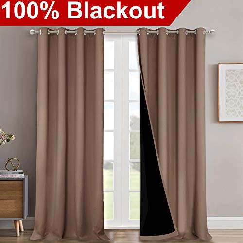 Image of NICETOWN Cold Reducing Curtains, Complete Blackout Shades for Large Windows, 100% Blackout Window Curtain Panels with Black Lined, 52 inches Width Each Panel, 95 inches Length, Cappuccino, 2 Pieces