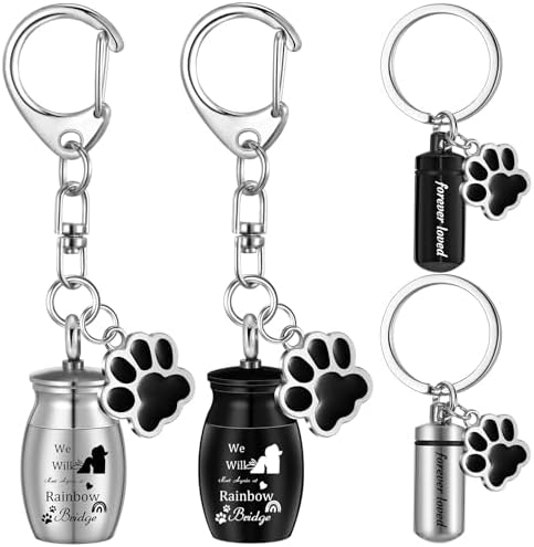 Kigeli 4 Pcs Pet Ashes Keepsake Keychain for Dog Printed with We Will Meet Again at Rainbow Bridge Pet Ashes Urn Memorial Cylinder Small Pet Ashes Cat Cremation Jewelry Pend Paw Print Urn Pendant