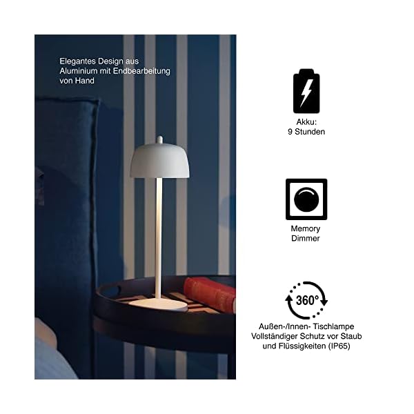 LVL THETA Dimmbare LED Akku Tischlampe Indoor & Outdoor IP65 - Kabellose Aufladbar Tischleuche im Italienischem Design… – Bild 5
