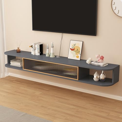 Meuble TV mural gris 140 cm avec porte rabattable et étagères flottantes modernes pour salon