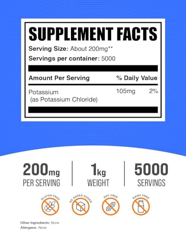 Image of BulkSupplements.com Potassium Chloride Powder - Salt Substitute, Potassium Salt - Gluten Free, 200mg per Serving, 1kg (2.2 lbs) (Pack of 1)