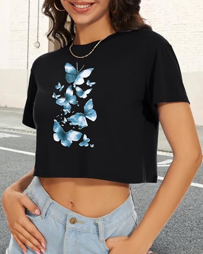 Image of Womens Summer Crop Tops Short Sleeve Round Neck T-Shirts Loose Fit Casual Blouse 2026