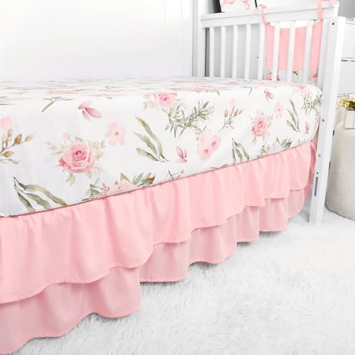 Image of TANOFAR 4-Piece Crib Bedding Set for Baby Girls, Floral Castle Nursery Bedding Set Includes Comforter, Fitted Crib Sheet, Crib Skirt, and Diaper Stacker, Pink