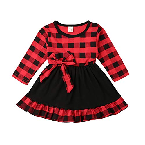 Fashion Kids Toddler Baby Girl Christmas Dress Long Sleeve Plaid Romper Dress with Zipper (Black Dress, 1-2 Years)