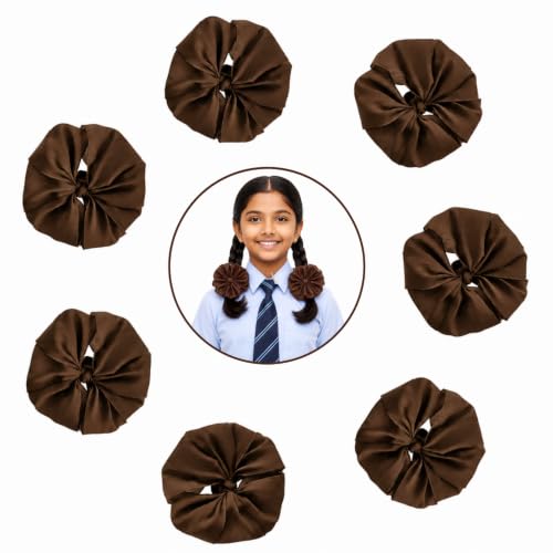 Image of Readymade Ribbon for School Girls - Soft Satin Bow Hair Accessory - Easy to Wear, Stylish & Neat Look - Ideal for School Uniforms bow in girls & Daily Use - Pack of 8 /School Ribbon in Kids / Purple Colour (Brown, medium)