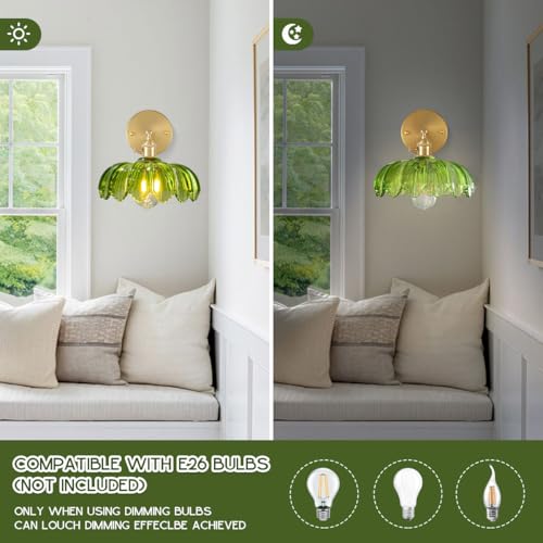 Image of Gold Vanity Light Green Glass Bathroom Wall Sconce Brushed Brass Vanity Lamp Bathroom Light Fixtures with Flower Glass Shad Mid Century Vintage Wall Sconces for Over Mirror Bedroom