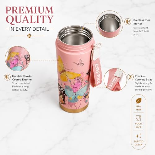 Image of Vasukie Stainless Steel Coffee Tumbler with Carrying Strap, Aesthetic Pink Butterfly & Floral Travel Mug, Leakproof Water Bottle for Women & Girls (500ML)