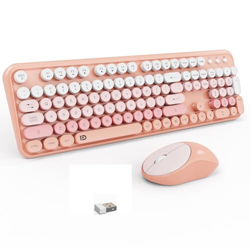 Wireless Keyboard and Mouse Combo, 105 Round Keys Full-Size Cute Colorful Pink Cordless Keyboard and Mouse with Retro Typewriter for PC/Mac/Laptop/Tablet/Computer/Windows Pink