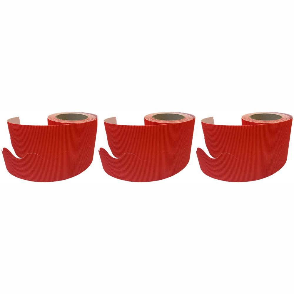 3 Ace Crafts (Pack of 3) Corrugated Display Borders Roll (Scarlet) size 57mm x 15m for School Classroom Decoration, Bulletin Boards and Crown Making, Scalloped Edge Border Roll Fade Resistant