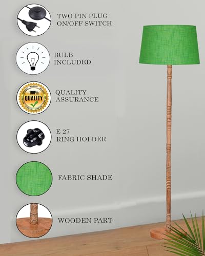 Image of Homesake Mid Century Modern Floor Lamp for Living Room | Hand Turned | Corner Lamp for Living Room, Stand Lamp with Fabric Lampshade for Bedroom, Study Room and Office, (Green)