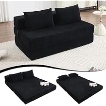 GNIXUU Fold Out Couch, 3-in-1 Convertible Futon Sofa Bed with 2 Pillows, Corduroy Foldable Floor Chair, Boneless Loveseat Couches for Living Room Bedroom Small Spaces, Black