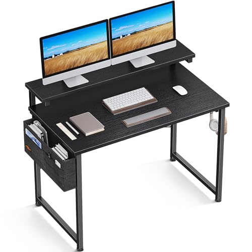 ODK Escritorio de Computadora, Escritorio de Ordenador con Ajustables Soporte para Monitor, Escritorio de Oficina, Estación de Trabajo de Estudio con 3 Alturas (100x50x84cm, Negro)