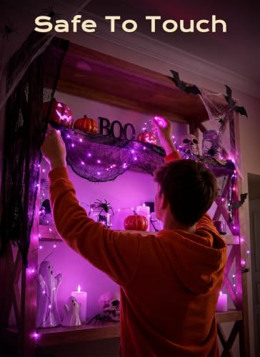 Image of Halloween Fairy Lights Plug in, 33Ft 100LEDs Purple Fairy Lights, Waterproof Flexible Black Wire String Lights for Bedroom Home Party Ghost Haunted House Indoor Outdoor Halloween Decorations, Purple