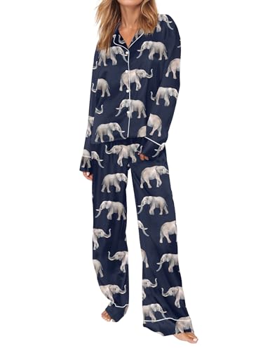 Image of SHESHOW Satin Pajamas Set for Women Set Long Sleeve Button Down Pjs Sets 2 Piece Loungewear Animal Sleepwear XS-XXL