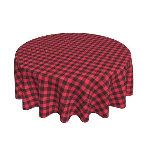 Checkered Round Christmas Vinyl Tablecloth with Flannel Backing 70 Inch, 100% Waterproof Non-Slip Plastic Plaid Table Cloth, Heavy Duty Table Cover for Dining, Party, Indoor, Outdoor, Red and Black