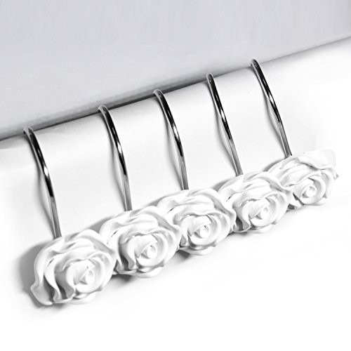 Beavo Shower Curtain Hooks, Home Decorative Rustproof Shower Curtain Hooks Resin Rose Flower Shower Hooks Rings For Bathroom Shower Rods Curtains,Set Of 12 Hooks (White) #TOP6
