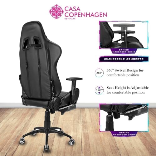 Image of Casa Copenhagen , Designed in Denmark,High-Back Italian Leather Gaming Ergonomic Chair with Footrest, Luxurious Memory Foam Seating & Multi Function Arm- Black